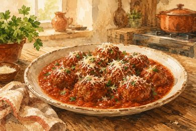 Tender meatballs simmered in rich red sauce, dusted with grated parmesan and torn basil, on a worn wooden kitchen table