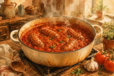 A wide pan of slow-simmered red tomato sauce with Italian sausages nestled in, steam rising, garlic and tomatoes on the side