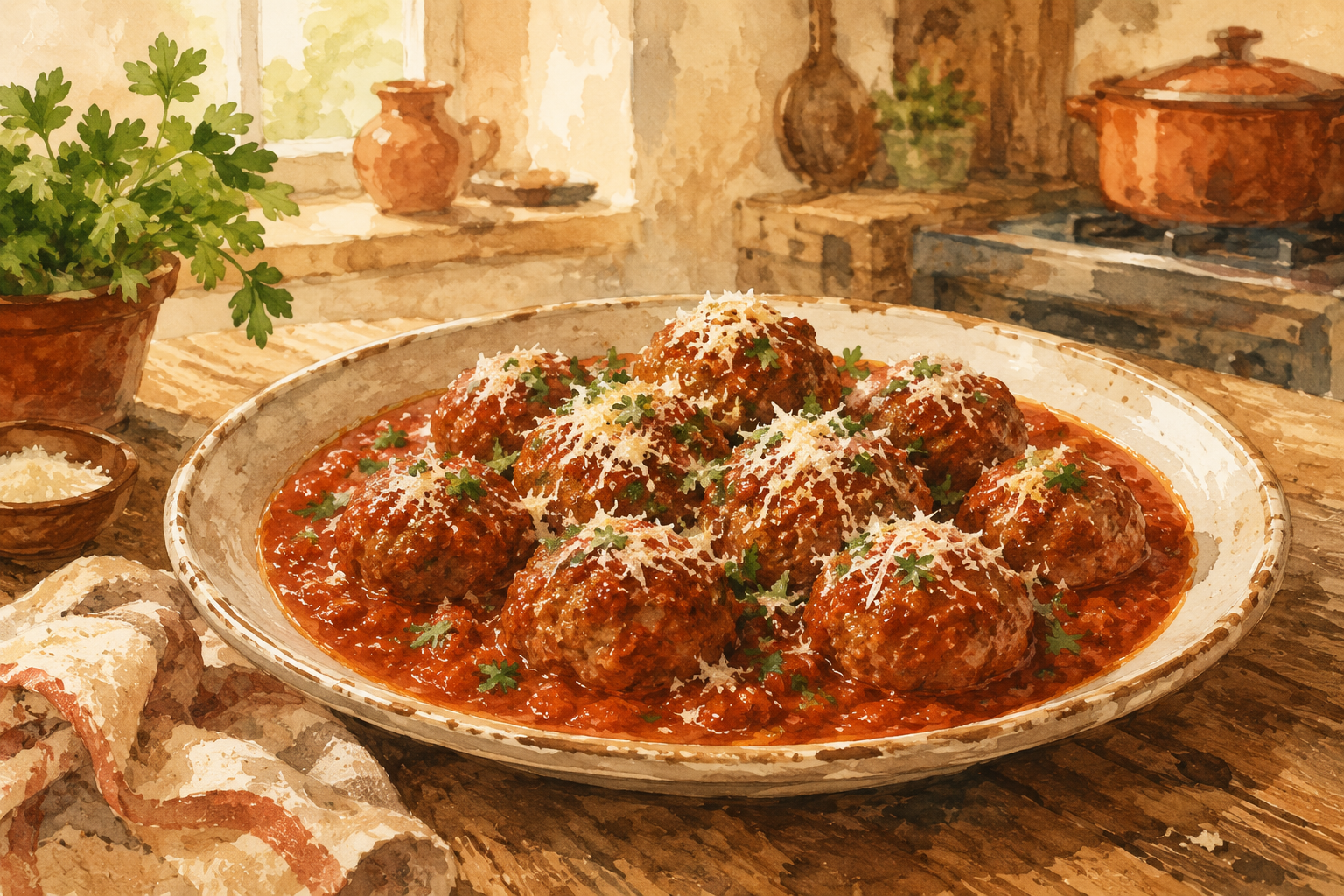 Tender meatballs simmered in rich red sauce, dusted with grated parmesan and torn basil, on a worn wooden kitchen table