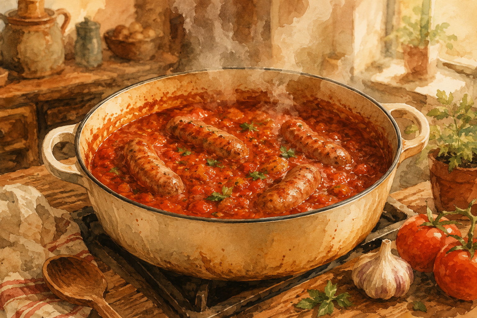 A wide pan of slow-simmered red tomato sauce with Italian sausages nestled in, steam rising, garlic and tomatoes on the side