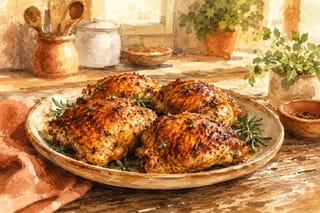 Golden-brown air fryer chicken thighs with crispy skin and herbs on a wooden kitchen table.
