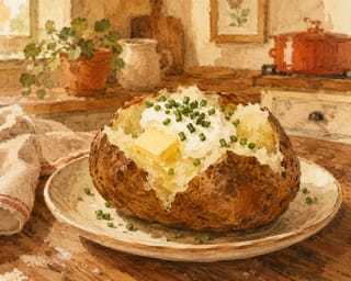 A fluffy baked russet potato split open and topped with melting butter, sour cream, and chopped chives.