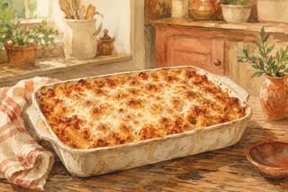 Golden baked ziti with melted cheese in a baking dish.