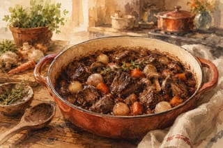 A glossy braise of beef chunks in deep red wine sauce, garnished with pearl onions, cremini mushrooms, and carrots on a warm wooden table.