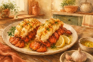 Broiled lobster tails with garlic butter on a wooden table.