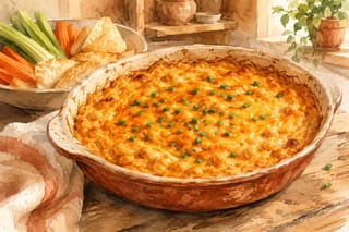 Watercolor illustration of a bubbling baked Buffalo chickpea dip topped with melted cheddar and chopped chives, with a bowl of celery, carrots, and chips for dipping alongside.