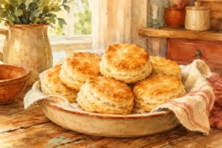 Golden buttermilk biscuits in a cozy kitchen setting with warm lighting.