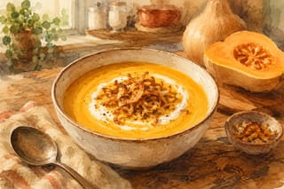 A watercolor illustration of a bowl of butternut squash soup with a cream swirl and crispy fried onions, a halved butternut squash in the background