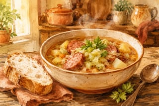 A steaming bowl of hearty cabbage and kielbasa soup with red potatoes and fresh celery, served with crusty French bread on a worn wooden table.
