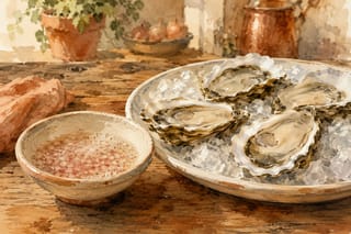 A small dish of icy champagne-vinegar mignonette flecked with minced shallot, beside freshly shucked oysters on the half shell.