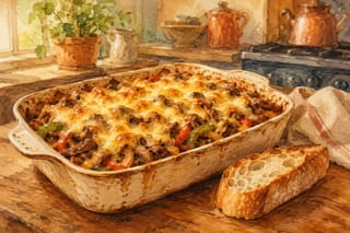 A watercolor illustration of a cheesesteak casserole in a rustic baking dish, golden-brown melted cheese on top with peppers and steak visible underneath, crusty baguette slices alongside