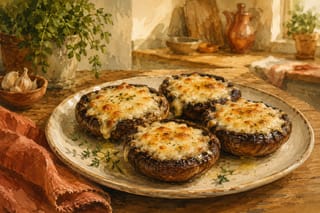 Golden roasted portobello mushroom caps topped with melted manchego cheese on a rustic wooden table.