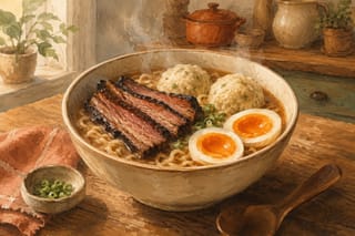 A steaming bowl of ramen topped with shredded BBQ brisket, matzo balls, a soft-boiled marinated egg, chopped kimchi, and scallions on a wooden table.