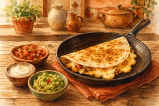 A golden quesadilla folded in a cast iron pan, cheese melting out the sides, with bowls of salsa, sour cream, and guacamole alongside