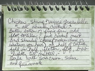 Original hand-written Chicken, Shrimp or Veggie Quesadilla card