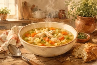 A steaming bowl of homemade chicken soup with chunks of chicken, carrots, celery, and pasta in golden broth