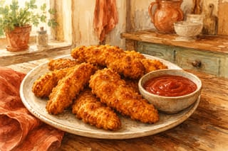 A plate of golden-brown breaded chicken tenders with a bowl of tomato sauce for dipping