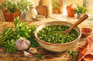 A warm watercolor illustration of vibrant green chimichurri sauce in a bowl on a rustic wooden table.
