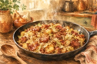 A warm watercolor illustration of a pan of Southern fried cabbage with smoky sausage and potatoes on a wooden kitchen table.