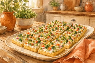A platter of cold veggie pizza cut into squares, each a flaky golden crust spread with ranch cream cheese and topped with finely chopped broccoli, red onion, celery, and red and green bell pepper, on a wooden kitchen table