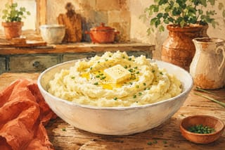 Creamy mashed potatoes in a white bowl with melting butter and fresh chives on a wooden kitchen table.