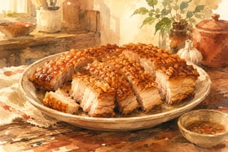 A watercolor illustration of golden-brown crispy pork belly with a crackled exterior, glistening with rendered fat, served on a worn wooden table.