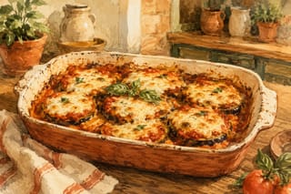 Golden-fried eggplant rounds topped with red sauce and bubbling melted mozzarella in a rustic baking dish