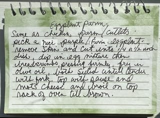 Original hand-written Eggplant Parm card