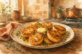 A warm watercolor illustration of golden caramelized fondant potatoes with fresh thyme sprigs on a rustic wooden table.