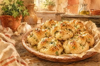 Garlic knots glistening with golden garlic-Parmesan oil, scattered with fresh parsley and red pepper flakes.