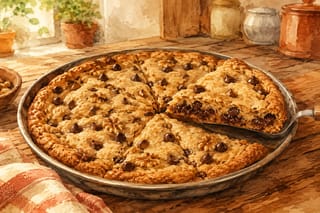 A giant golden chocolate chip cookie baked in a round pan and cut into wedges, studded with chocolate chips and walnuts, one wedge lifted on a server to show the soft chewy middle, on a rustic wooden table