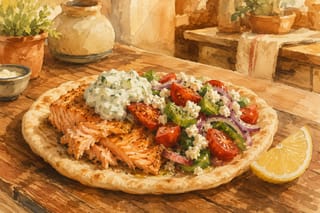 Watercolor illustration of flaked baked salmon on a warm pita with a Greek salad of tomatoes, cucumber, red onion, and feta, a scoop of tzatziki, and a lemon wedge on a wooden table.