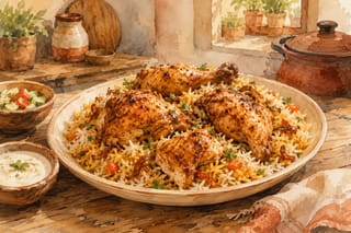 A warm watercolor illustration of a halal-style chicken and rice platter with white sauce, fresh lettuce, and toasted pita on a wooden table.
