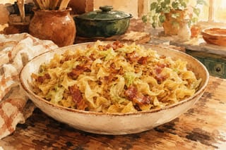 Crispy bacon, caramelized onions, and tender cabbage tossed with buttery egg noodles on a wooden kitchen table.