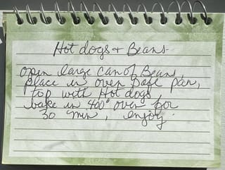 Original hand-written Hot Dogs + Beans card
