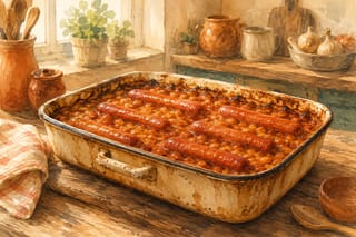 A rustic oven pan of baked beans with hot dogs nestled on top, bubbling and golden at the edges