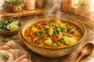 A watercolor illustration of a steaming bowl of Indian chicken soup with potato, mushrooms, chicken, and red pepper, topped with cilantro and a lime wedge, lime wedges and cilantro alongside