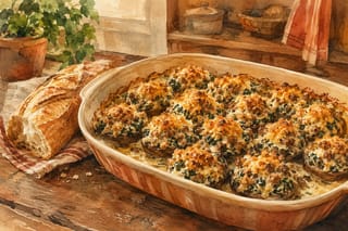 A watercolor illustration of Mama's stuffed mushroom casserole — mushroom caps filled with sausage, spinach, and cream cheese, topped with a golden breadcrumb crust in a rustic baking dish, baguette alongside