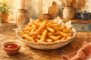 A warm watercolor illustration of golden crispy fries arranged in a paper cone on a worn wooden table.