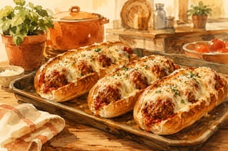 Baked meatball subs with bubbling melted cheese, fresh from the broiler, on a worn wooden kitchen table.