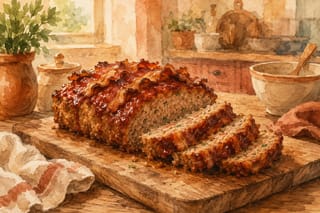 A meatloaf on a cutting board topped with caramelized BBQ sauce and crispy bacon, a few slices cut to show the juicy interior