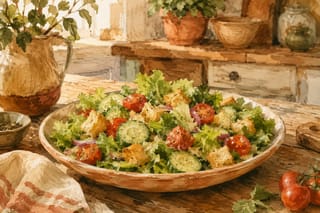 A vibrant Italian salad with crisp greens, sliced cucumber, cherry tomatoes, and golden croutons on a rustic wooden table.