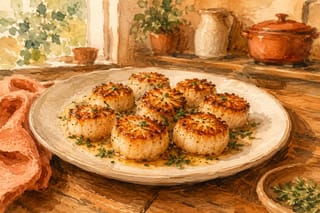 Golden-seared scallops on a warm wooden table in soft watercolor.