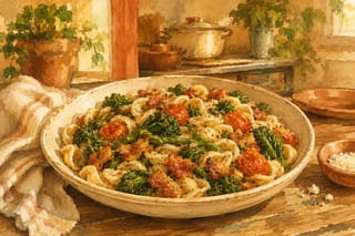A warm watercolor painting of crispy pancetta, tender broccoli rabe, and halved cherry tomatoes on a worn wooden table.