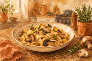 A watercolor illustration of pappardelle with sautéed portobello mushrooms, fresh rosemary, and Parmigiano shavings on a wooden table.