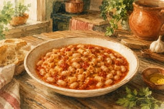 A wide shallow bowl of pasta e fagioli with cannellini beans and pasta in rich red tomato sauce, drizzled with olive oil