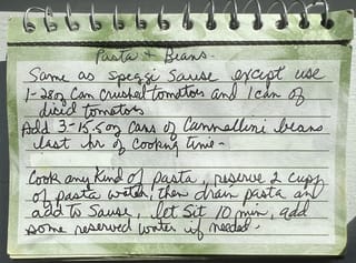 Original hand-written Pasta + Beans card