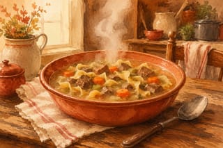 A steaming bowl of Pennsylvania Dutch beef and noodle soup with tender shredded beef and rich golden broth, served on a worn wooden table.