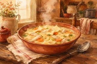 A warm, hand-painted bowl of steaming Pennsylvania Dutch chicken pot pie on a worn wooden table, evoking homemade comfort.