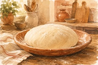A glossy, freshly oiled ball of pizza dough resting on a worn wooden kitchen table under soft warm light.